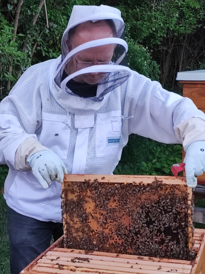 Ein Imker mit Schutzkleidung öffnet die Bienenbeute