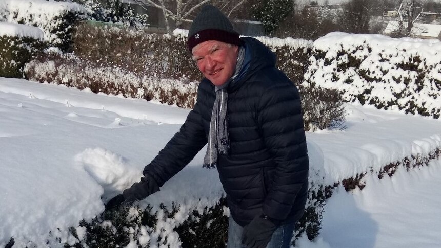 Gärtner neben einer Hecke im Schnee